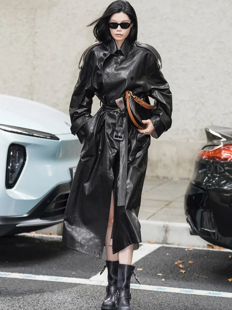 Autumn Women Sheepskin Genuine Leather Trench Coat Double Breasted Sashes Streetwear Office Ladies Fashion Long Windbreakers