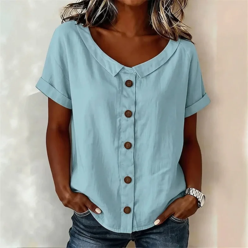 Women Peter Pan Collar Button Down Short Sleeve Blouse Loose Solid Color Casual Summer Top