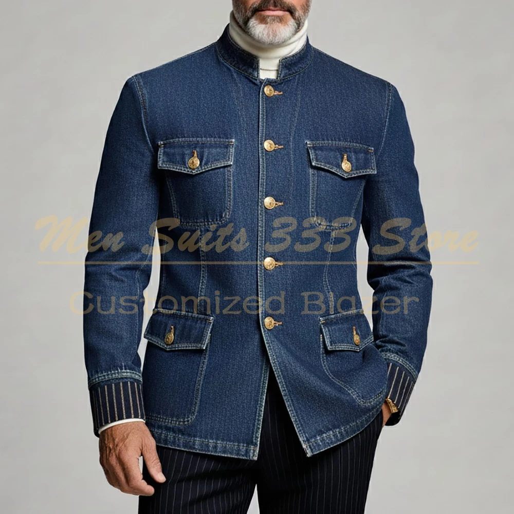 

Формальные мужские костюмы 2026 Джинсовый пиджак с брюками в тонкую полоску Полный комплект Роскошный комплект стандартной длины из 2 предметов Куртка Брюки Костюм Homme