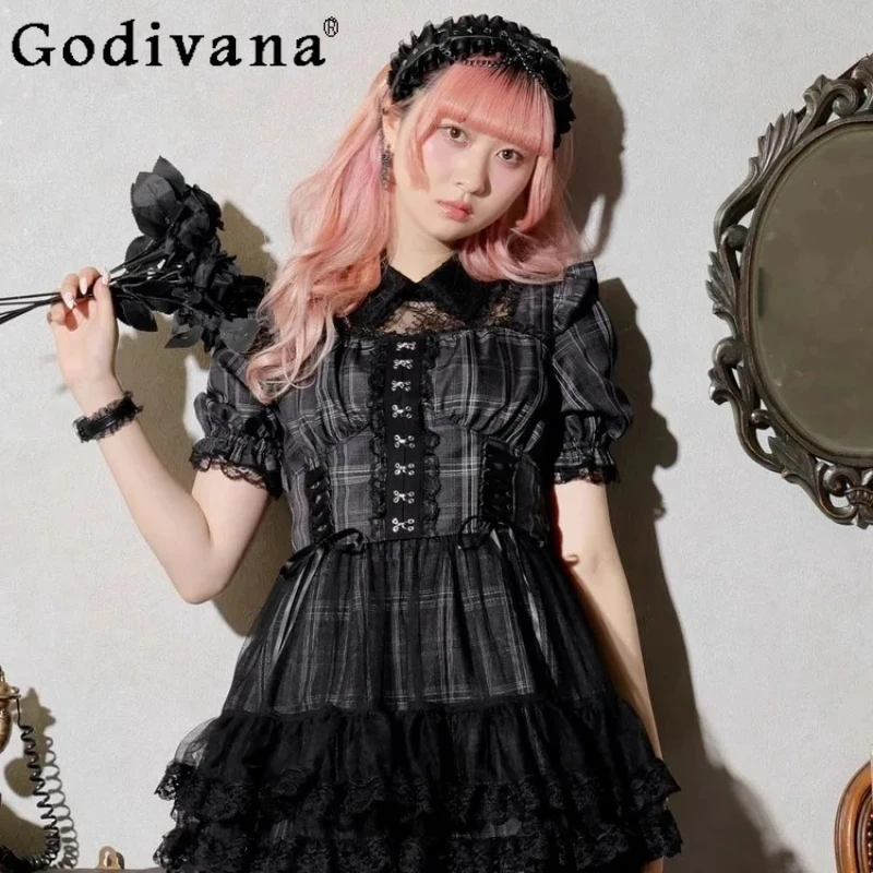 

Japanese Personality Lolita Short Sleeve Lace Dress Shorts Set Summer New Sweet Girls Lace Up Puff Sleeves High Waist Dresses