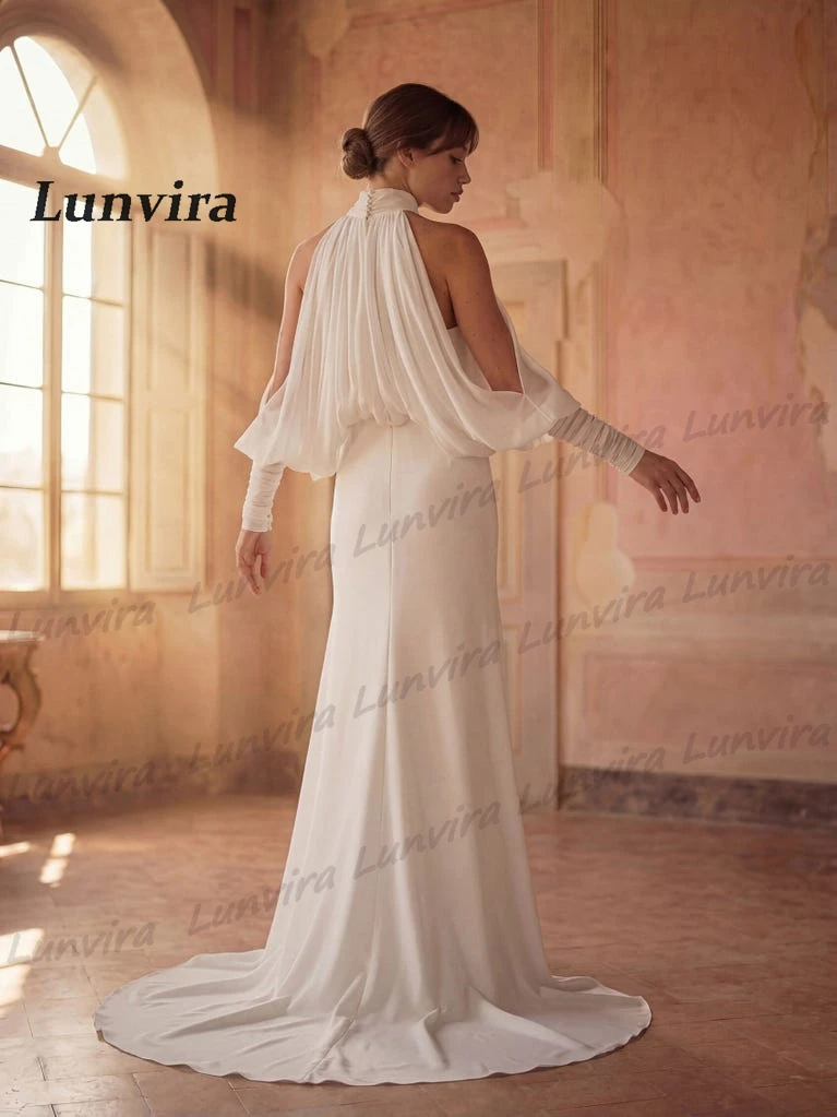 Lunvira Classic Chiffon Wedding Dress for Bride High Neck Pleat Mermaid Half Sleeves Zipper Robe De Mariee Customized