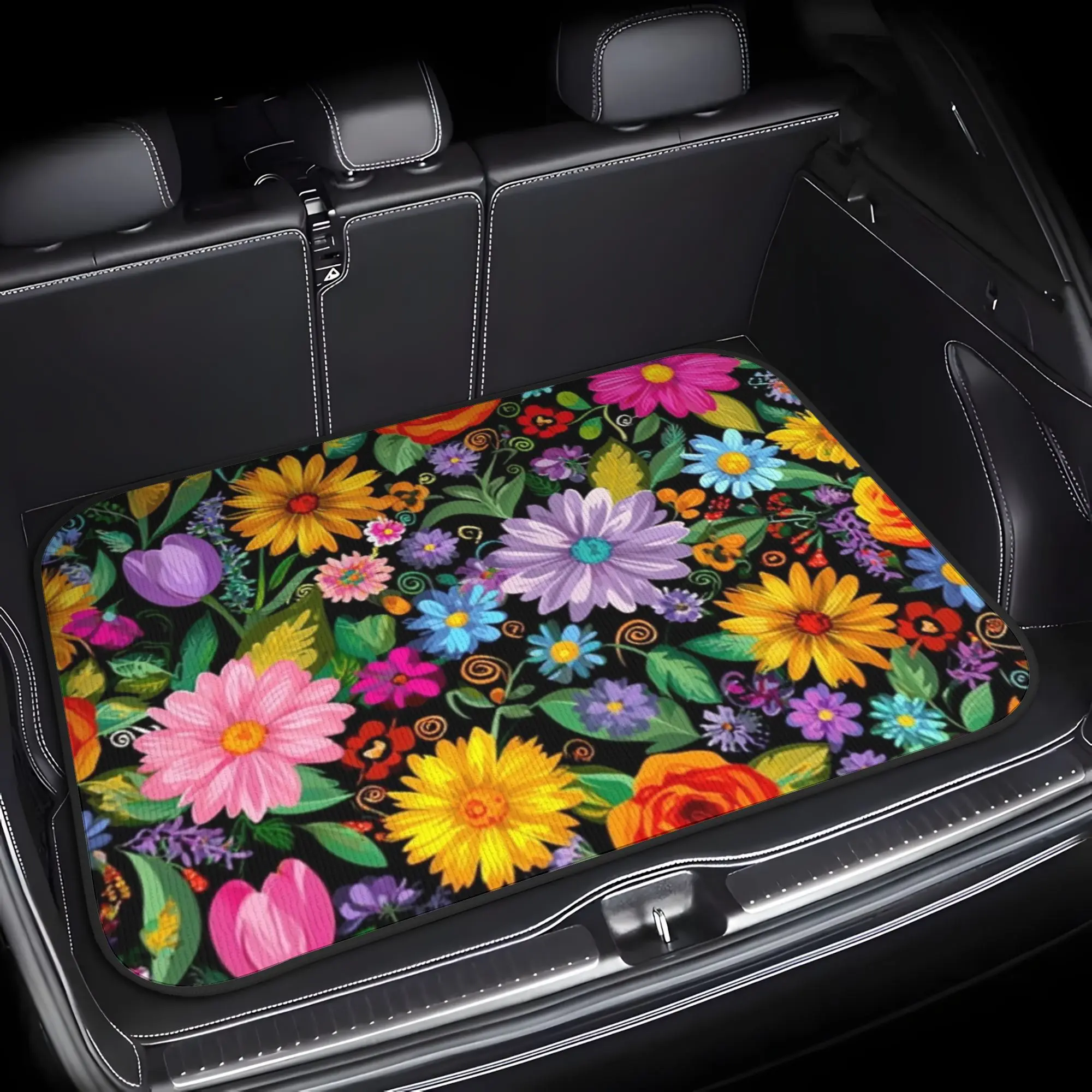 Car Trunk Mat, An Image Of A Colorful Floral Pattern On A Black Background Print Trunk Liner- Durable, Cargo Mat, Suitable For C