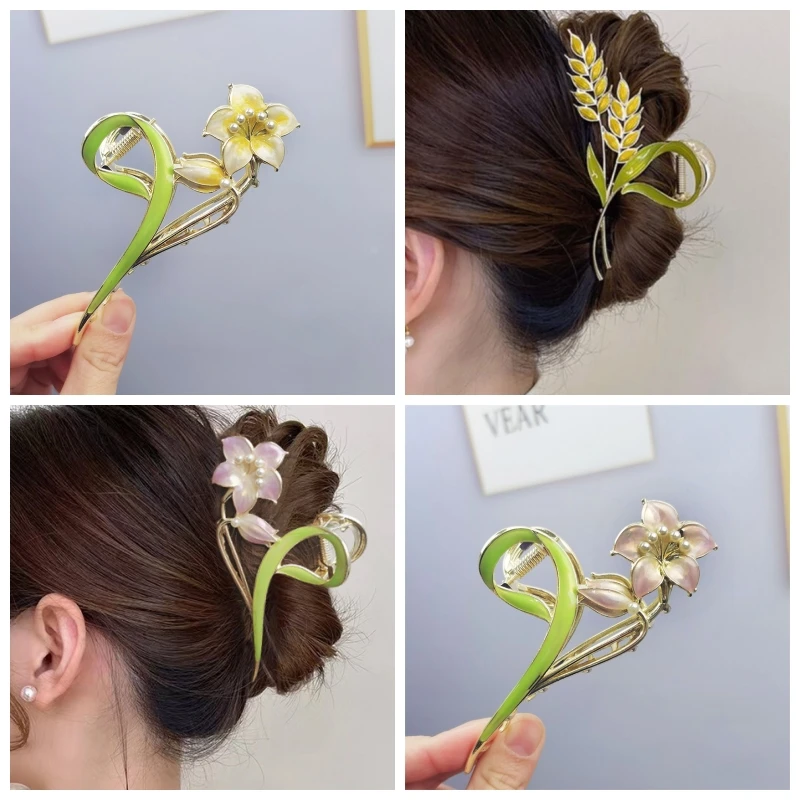 Green Enamel Plant Women's Barrettes Big Elegant Gold Color Wheat Luxury Flower Hair Pins for Girls Hair Accessories 2023