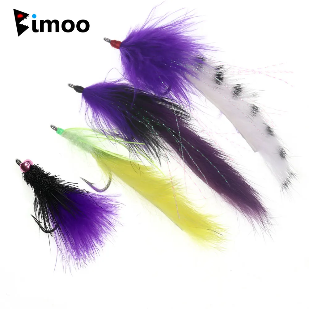 Bimoo 2pcs 1/0 Dumbbell Bead Eyes Marabou Streamer Fly Hare Strip Streamer Trout Pike Steelhead Musky Saltwater Fishing Lures