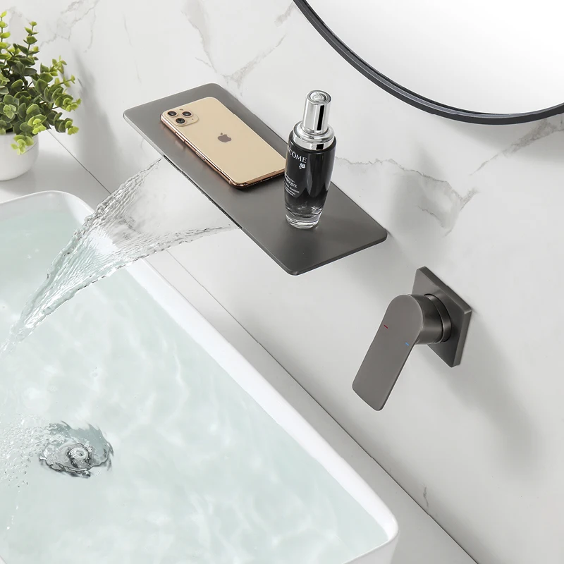 

Wall Mounted Waterfall Sink Faucet Single Handle Hot and Cold Mixer Tap Modern Two Hole Bathroom Vanity Sink Faucet Gray