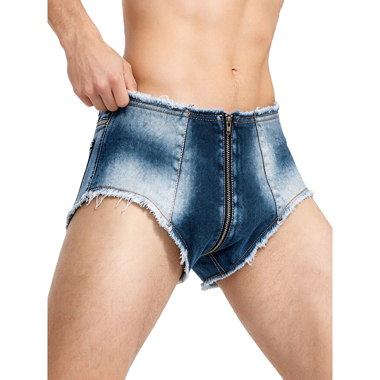 Mens Low Waist Frayed Denim Hot Shorts Gradient Wash Ultra Jeans Short Sexy Clubwear Booty Shorts with Full Front Metal Zipper