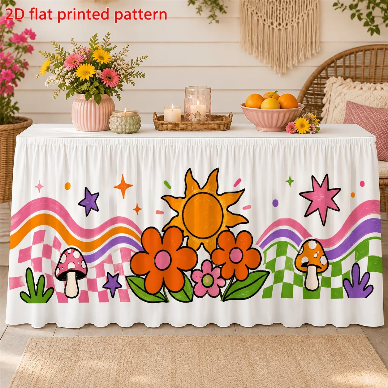 One table skirt, a retro trend-oriented sunflower print table skirt, featuring mushrooms, waves and rainbows
