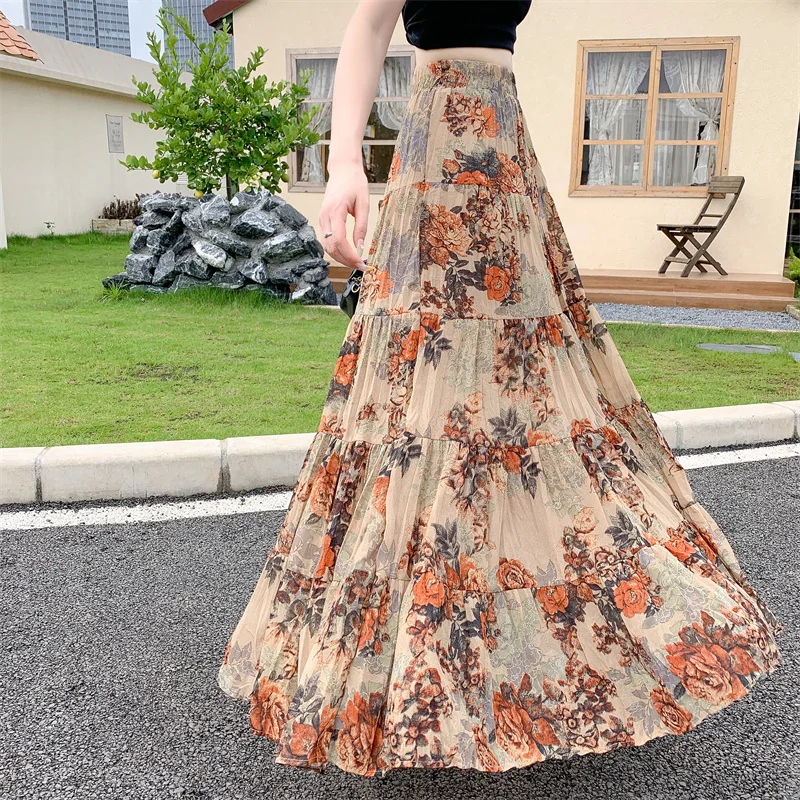 

Seoulish Retro Beach Floral Skirts for Women 2025 New Summer Spring Bohemia High Waist Patchwork Long Women's Maxi Skirts
