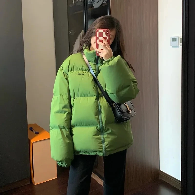 

2025 New Winter Green Bread Service Jacket Women's Korean Parkas Loose Cotton Padded Coat Warm Thicken Stand Collar Warm Solid O