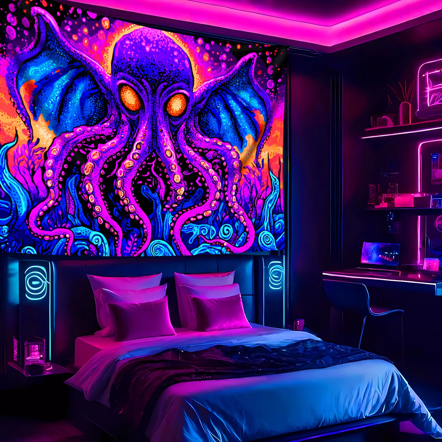 VIKAMA-tapiz de pulpo de neón, decoración artística psicodélica, habitación de deportes, arte de pared atmosférico espacial de moda, decoración de habitación