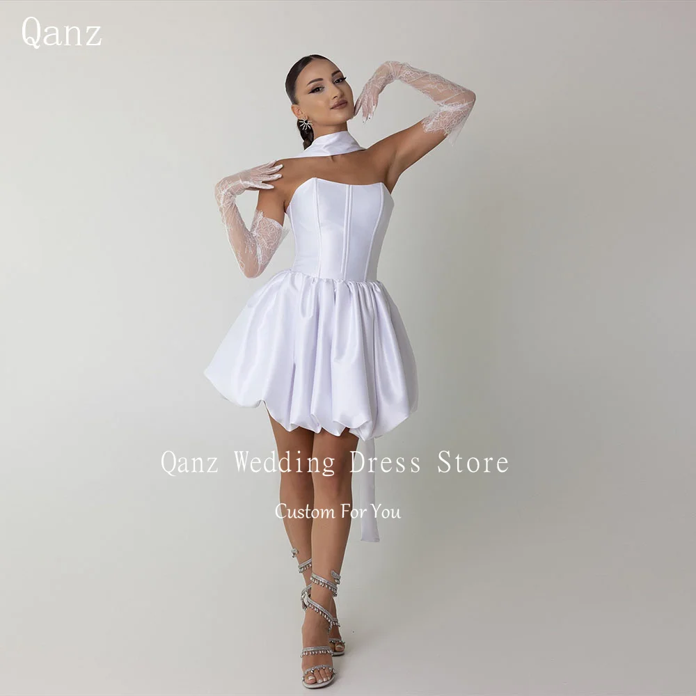 Qanz Civil Weiß Mini Hochzeit Party Kleider Satin Backless Sexy Brautkleider Puffy Kurze Frauen Robe De Mariée Angepasst