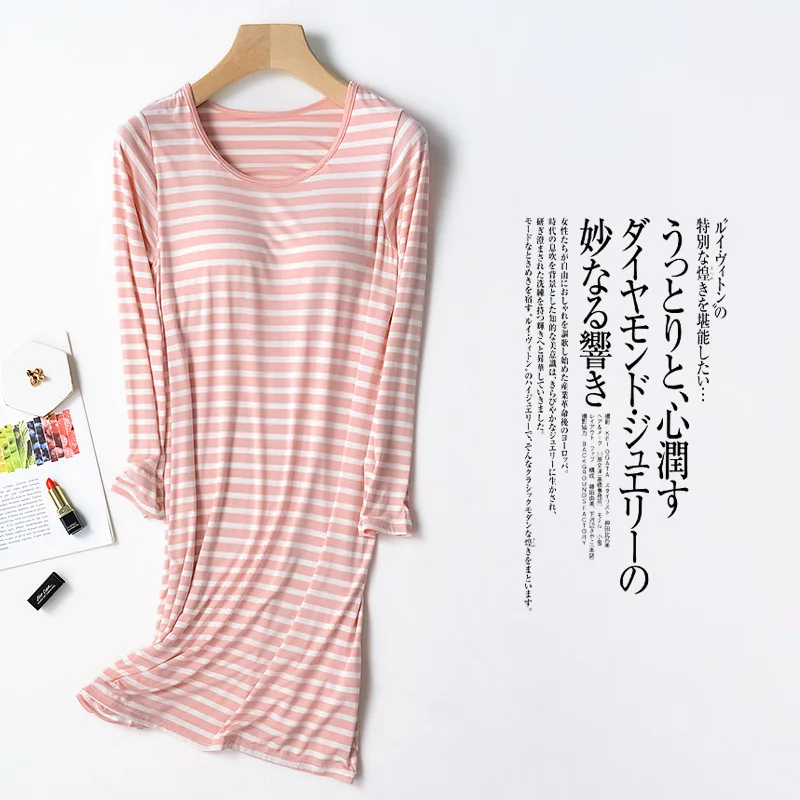 

Autumn New Ladies' Long Nightdress Full-sleeved Skirt with Chest Pad Mid-length Plus Size Striped Home Nightdress