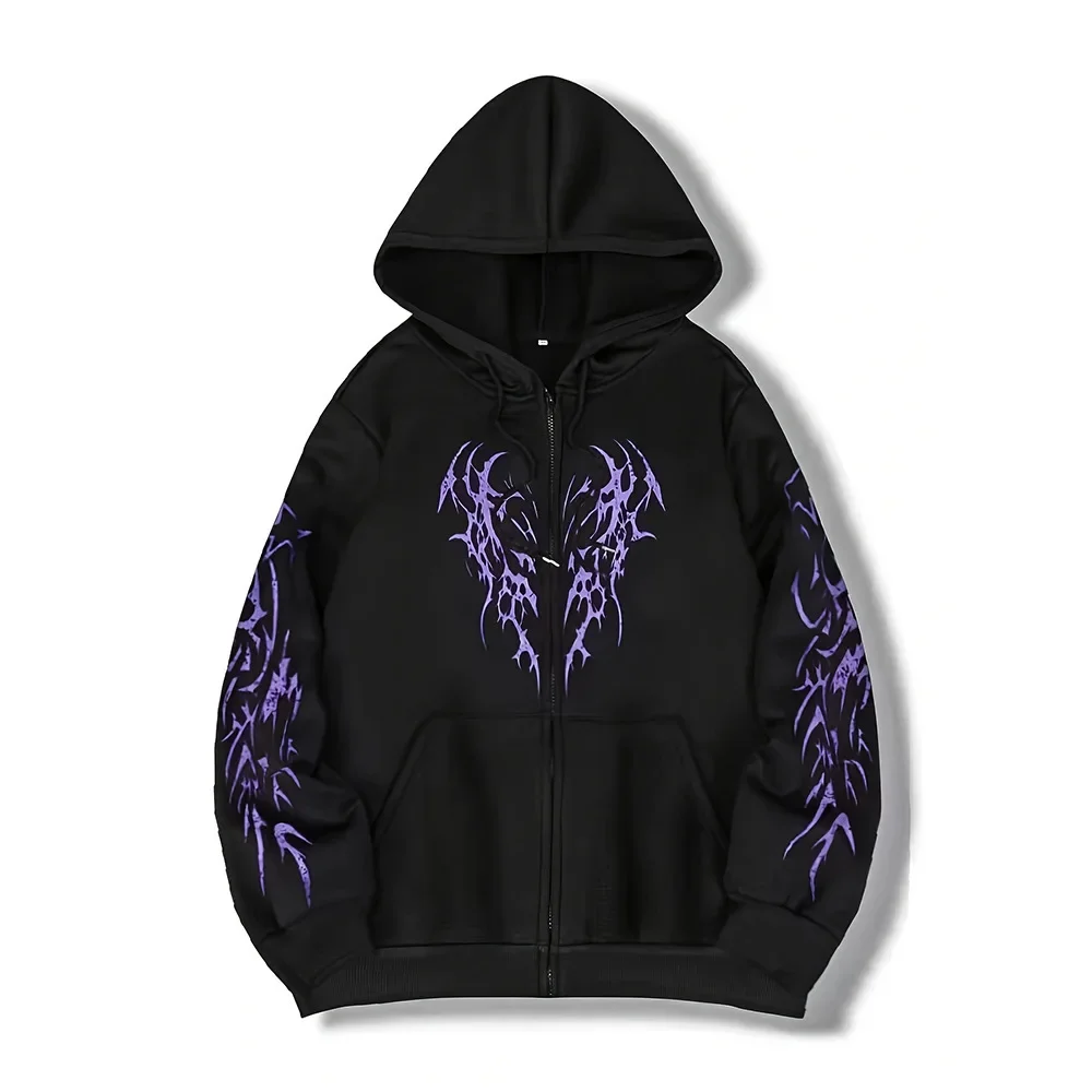 Men's and women's Gothic style thorny floral zipper hoodie, street style oversized hoodie, long-sleeved sweater jacket