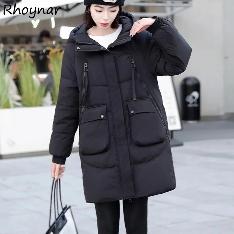 

Hooded Parkas Women Winter Female Baggy Warm Zippers Pockets Fashion Korean Style Solid Simple Casual All-match Streetwear Chic