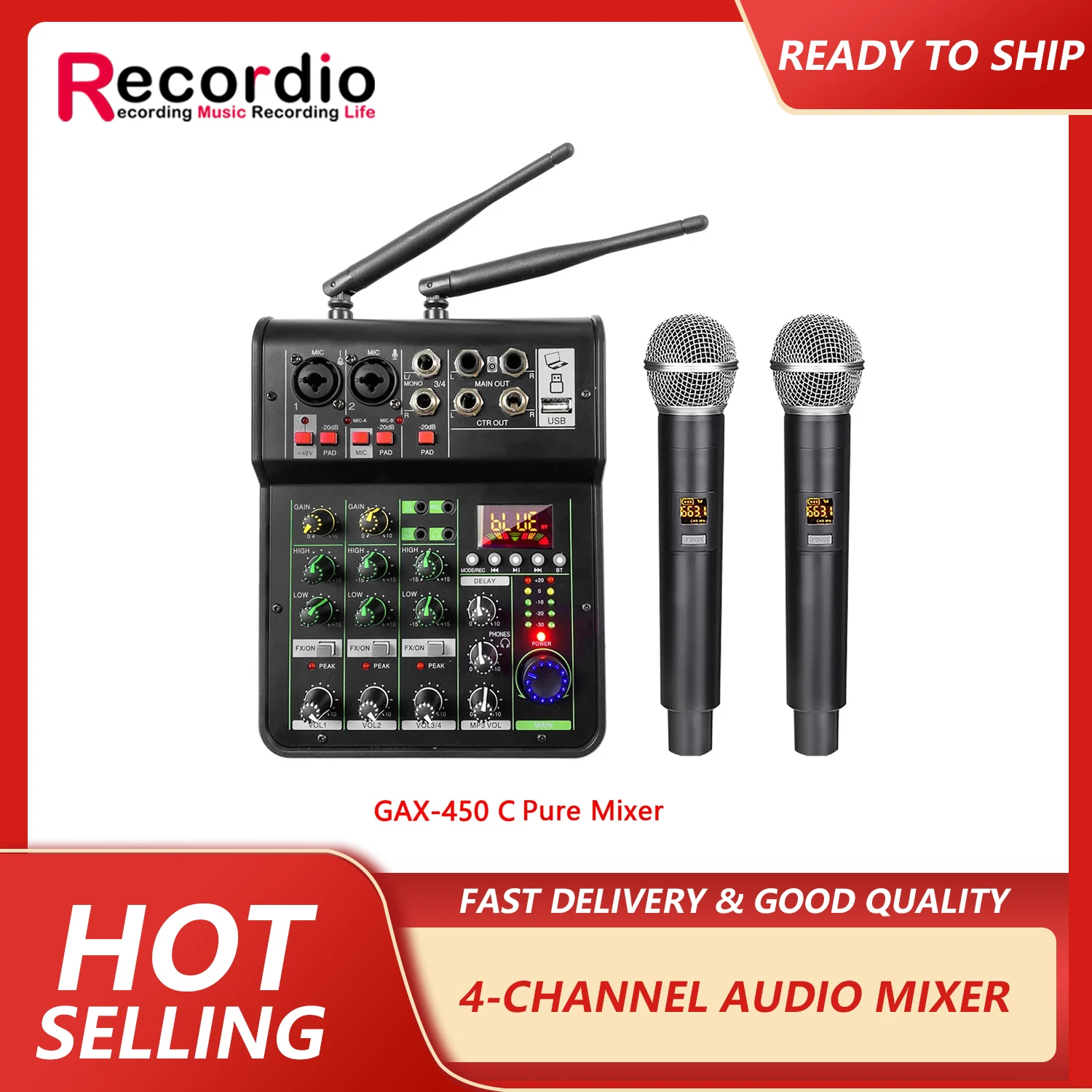 GAX-450C Audio Mixing UHF Wireless Microphone 4 Channel Blueteeth Professional Audio Home Stage Performance for DJ Karaoke PC Re