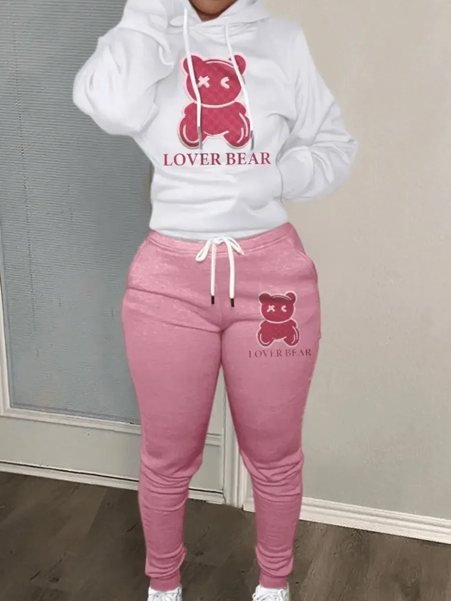 Lovely Bear Letter Print Kangaroo Pocket Long Sleeve Hooded Workout Set + Female Drawstring Pants Two Pieces Matching Suits 2024