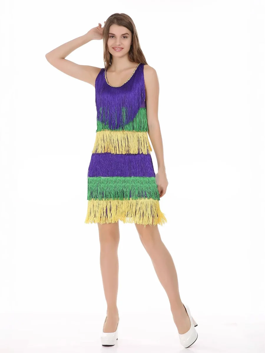 Sukienka na karnawał Mardi Gras z frędzlami, patchworkowa, z blokami kolorów, kolorowa sukienka midi w stylu boho na imprezę, festiwalowa sukienka z frędzlami.