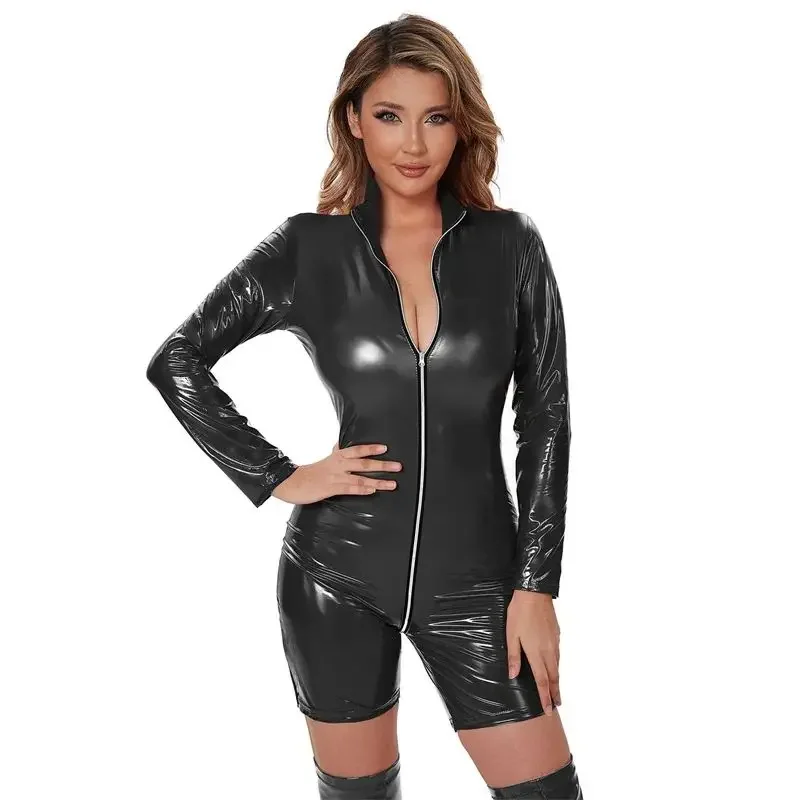 Women Glossy Patent Leather Jumpsuit Shorts Zipper Open Crotch Slim Hip Lift Rompers Sexy Nightclub Casual Party Female Bodysuit