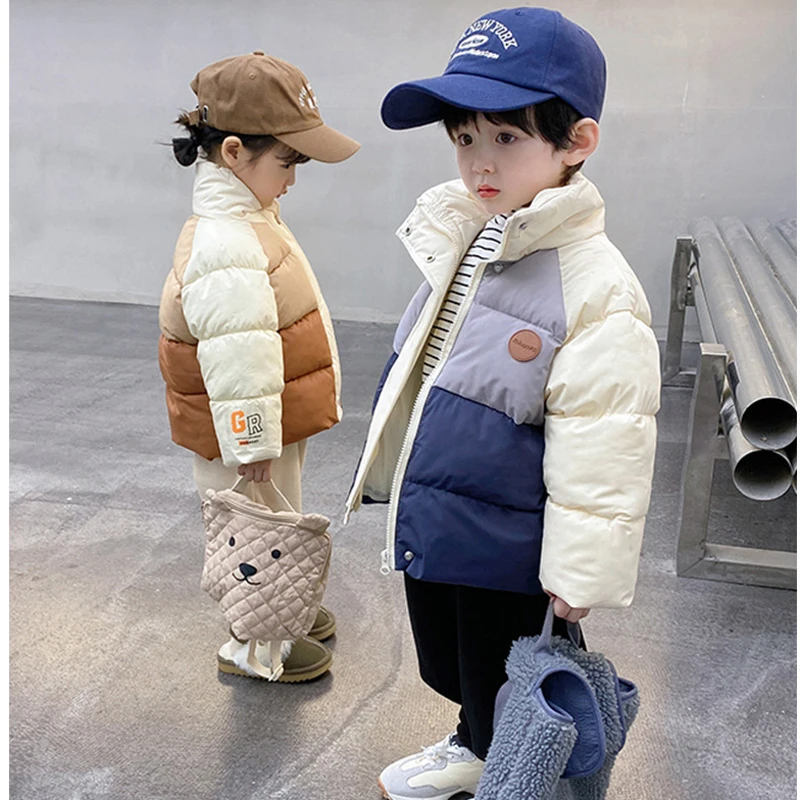 Baby Boys Jacket Autumn Winter New Thick Patchwork Stand Collar Coats For 3 4 5 6 8 Years Girls Keep Warm Cotton Down Snowsuit