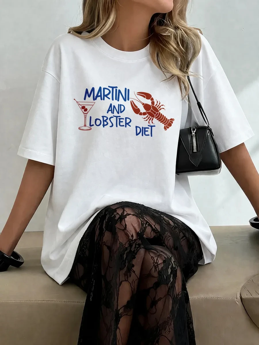 Martini And Lobster Diet Printed T-Shirts Womens Cotton Summer Oversized Tops Casual Soft Short Sleeve Tees Basic O-Neck Clothes