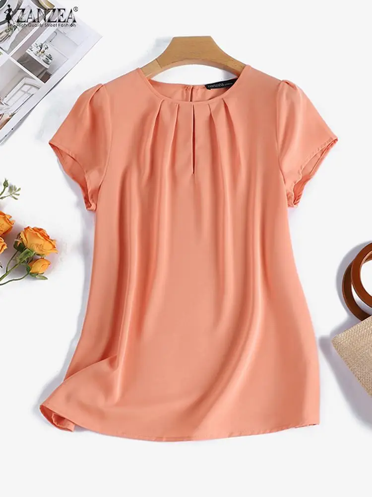 ZANZEA Women Summer Blouse Fashion Casual O Neck Short Sleeve Shirt Elegant Solid Pleated Tops Female OL Work Blusas Chemise