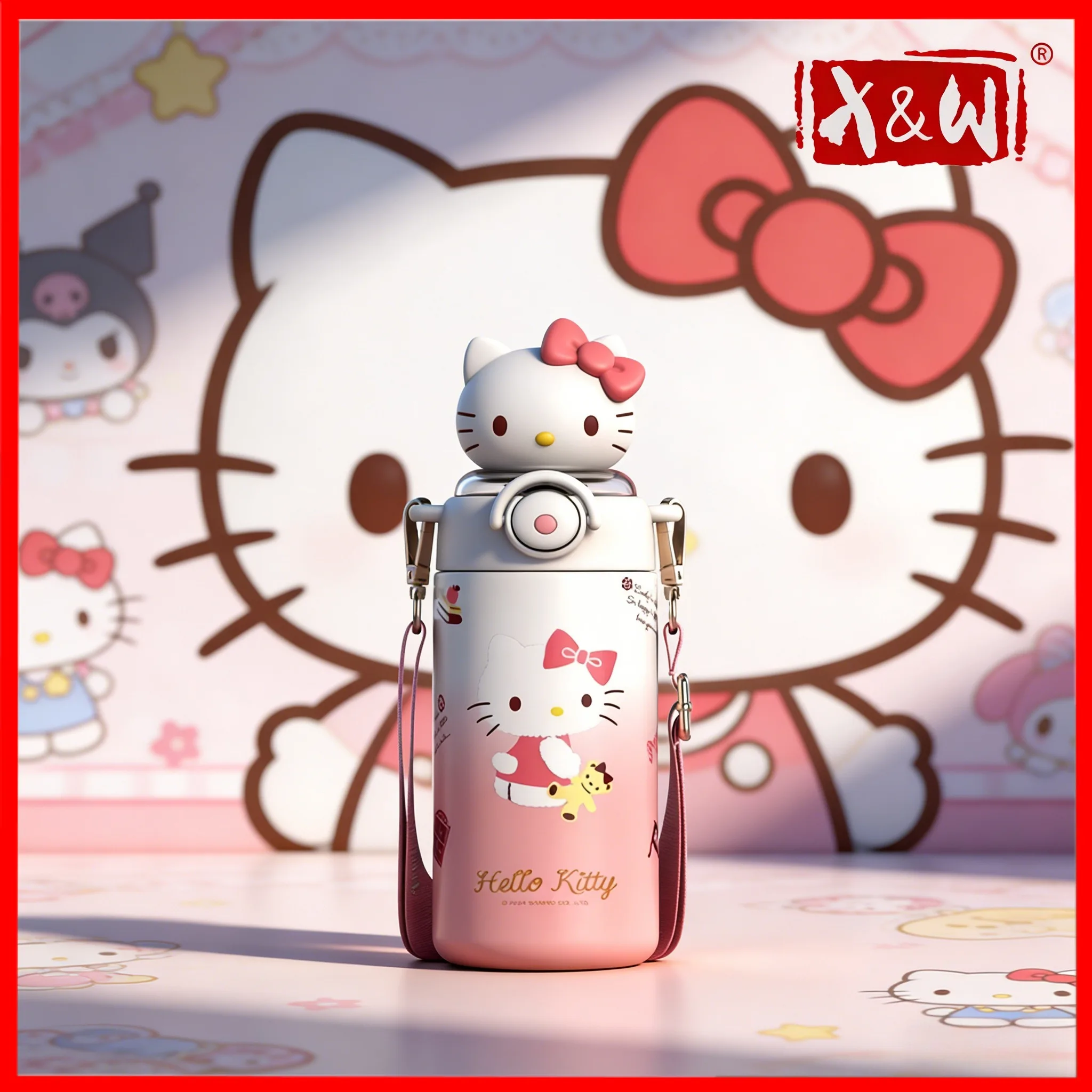 X&W 600 ml Sanrio-Serie Puppenkopf-Thermosbecher 316/304 + PP Pop-Up-Strohhalmbecher mit Trageseil, Wasserflaschen, Geburtstagsgeschenk