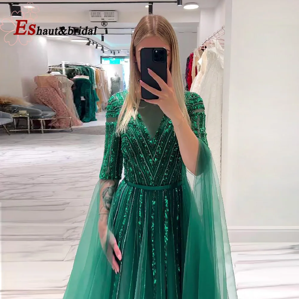 Elegant Green Aline Beads Sequin Evening Dress for Women 2024 Long Cape Sleeves O Neck Formal Prom Wedding Party Gown Customized