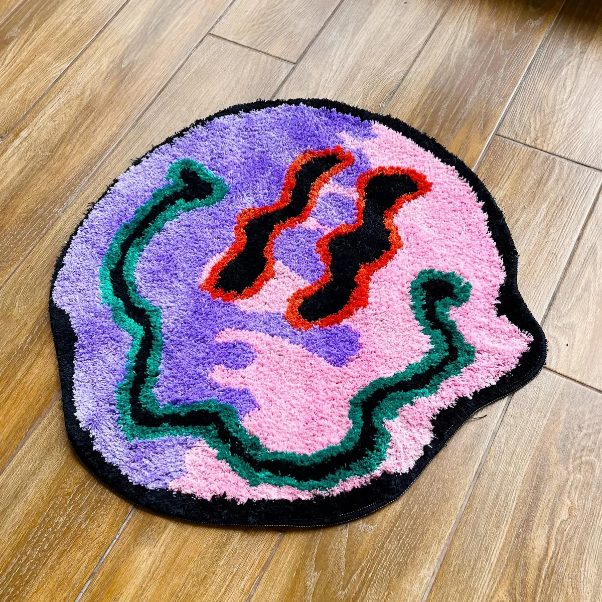Trippy Melted Smiley Face Irregular Tufted Rug Purple Pink Color Block Fluffy Anti Slip Floor Mat Y2K Psychedelic Indie Aestheti