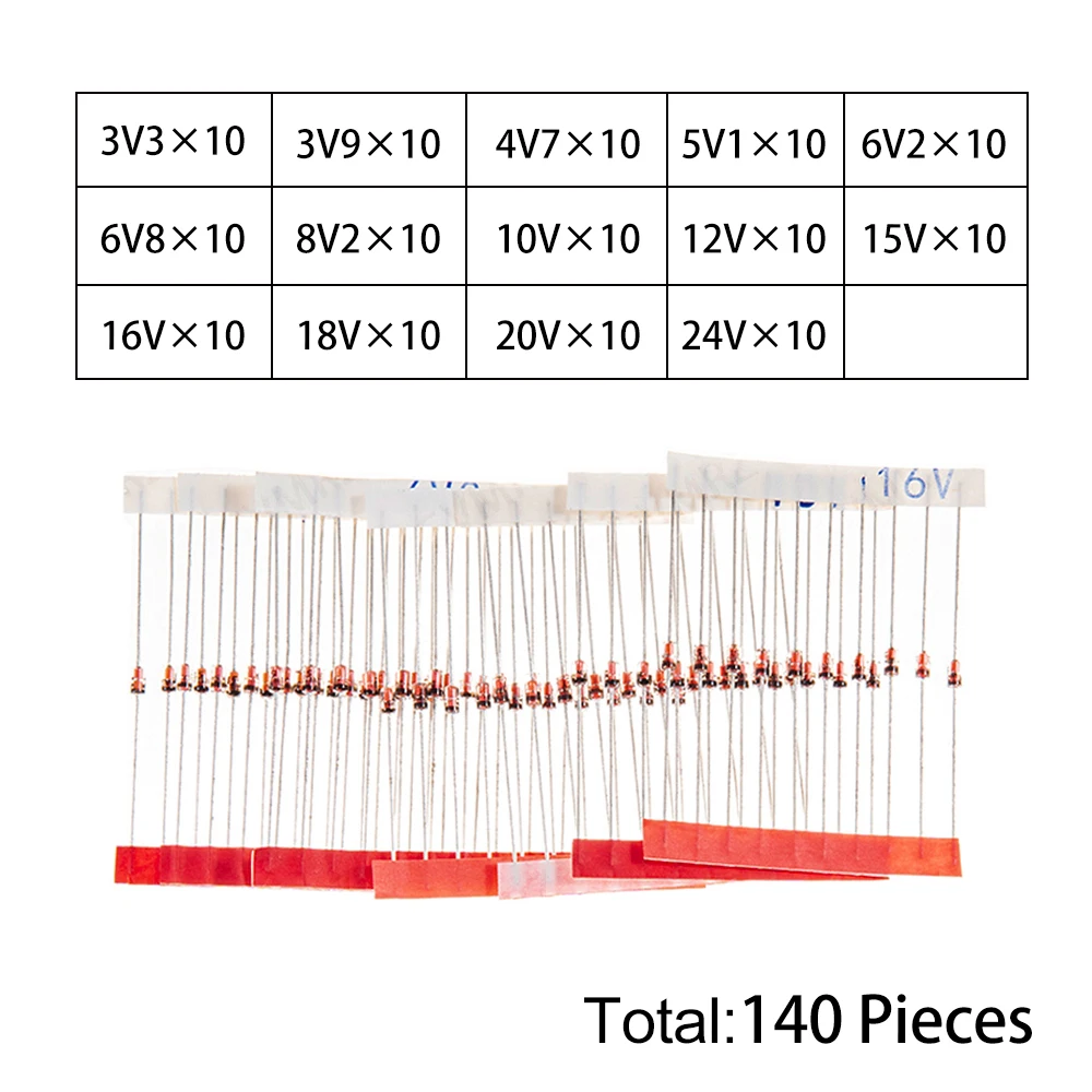 140pcs/Lot 1W Zener Diode Assorted Kit 3.3V-24V 14values*10pcs=140pcs Electronics Component Sample Set 3.3V 9V 12V 22V 24V IBUW
