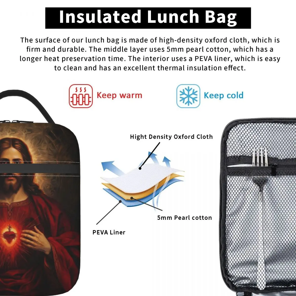 Bolsa de almacenamiento de comida con aislamiento para la oficina, bolso de mano con accesorios de la fe de Jesús, el cristiano católico, la Biblia y el Santo