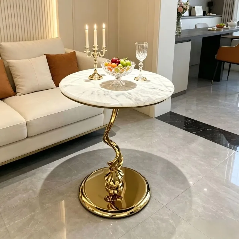 Modern Luxury Round Metal Side Table, Sintered Stone Top End Table for Small Apartment Living Room Sofa Balcony