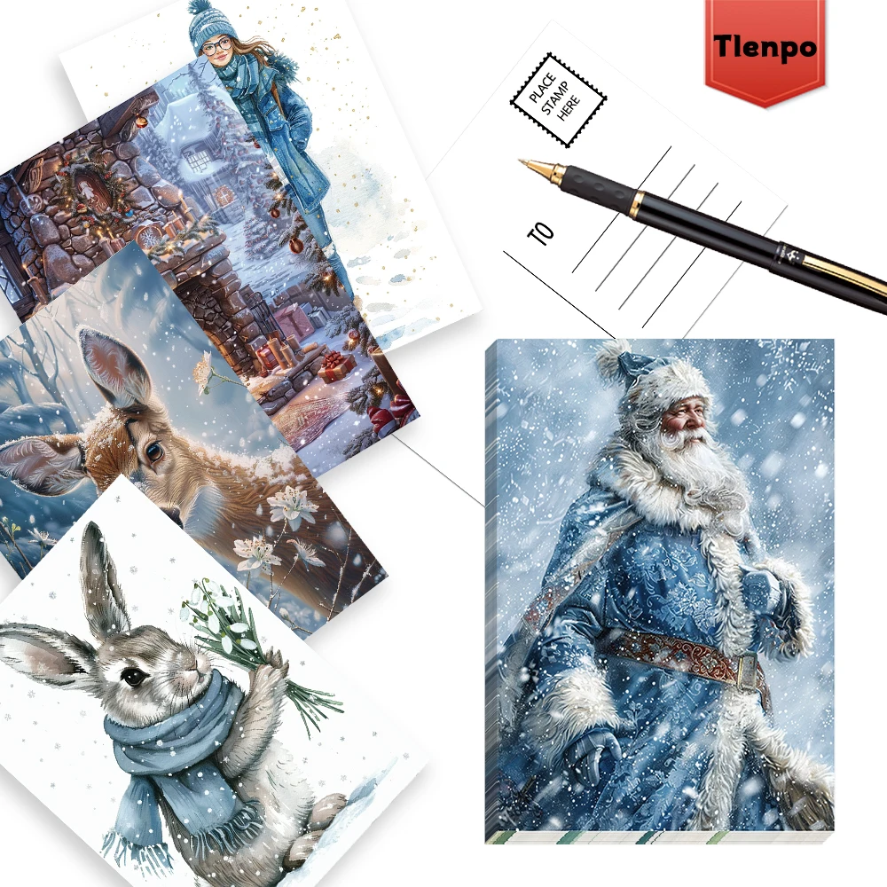 32pcs Blue Christmas Scene Postcards, Cheap Holiday Gifts for Students, Bedroom Decor, Thick Cardstock, High Definition Printing