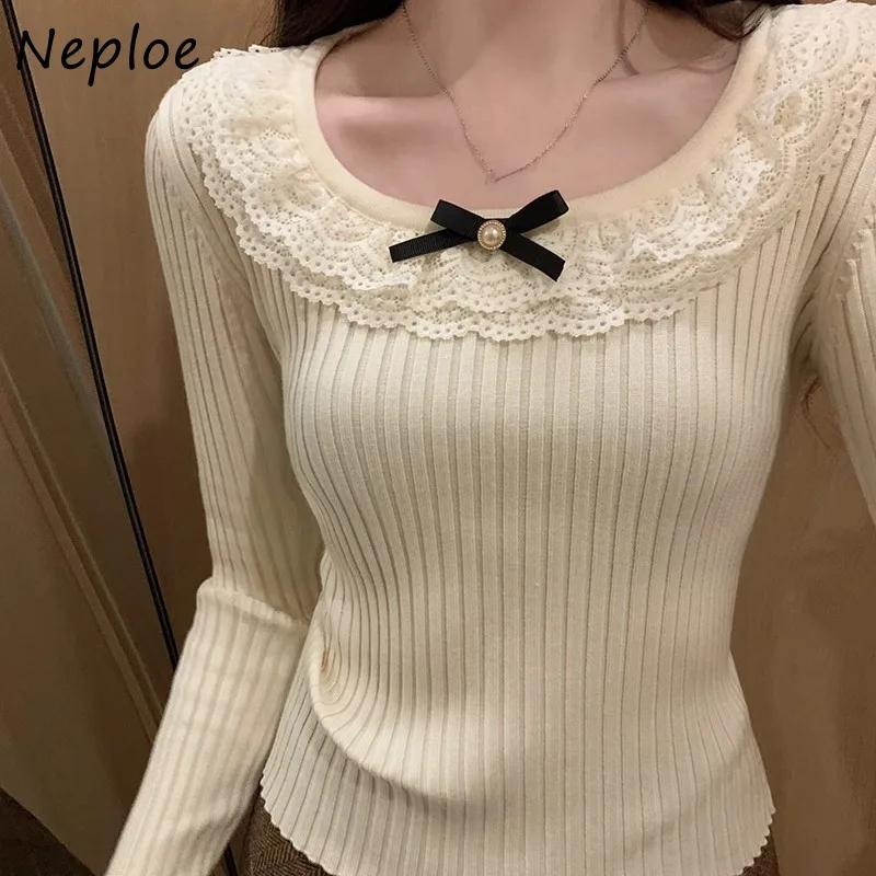 Neploe Sweet Lace Bow O-neck Bottoming T-shirts Spring New Slim Fit Black Tee Shirt Y2k Flare Sleeve Knitted Tops Women