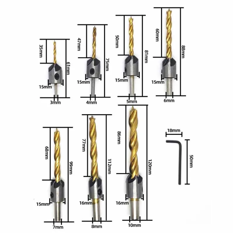 4/7PcsTitanium Plated Chamfer High carbon Steel Bit Three Point Drill Countersunk Reaming Device Woodworking Guide Bore Wood