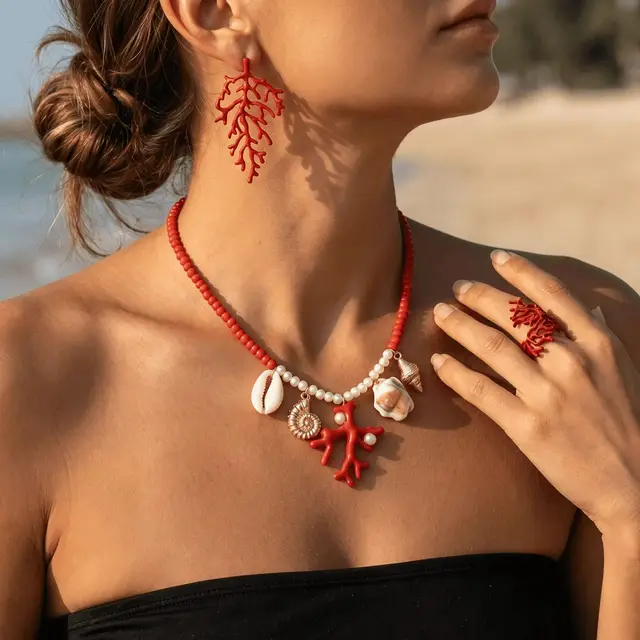 Collar y pendientes rojo bohemio con joyas de concha para fiesta