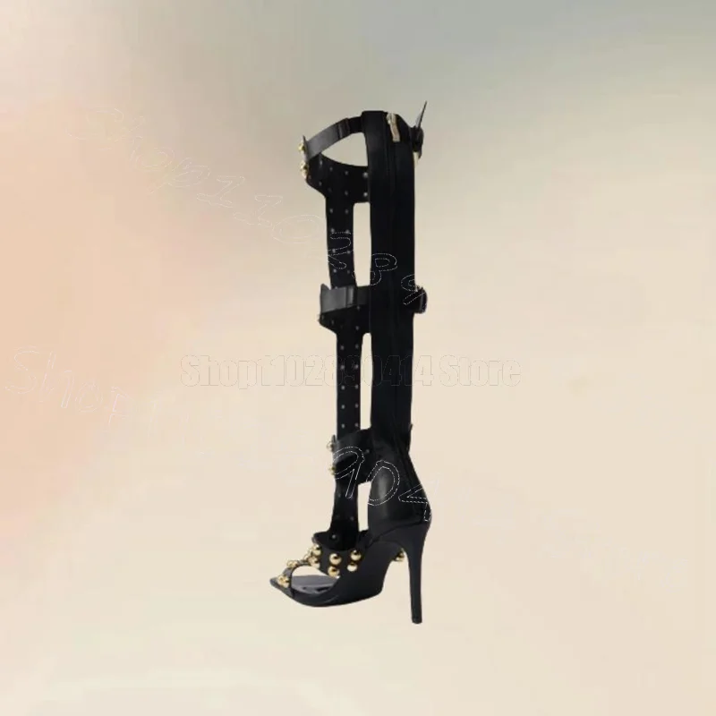

Gold Round Rivets Black Hollow Design Sandals Boots Back Zipper Women Shoes Thin High Heels Party Feast 2025 Zapatos Para Mujere