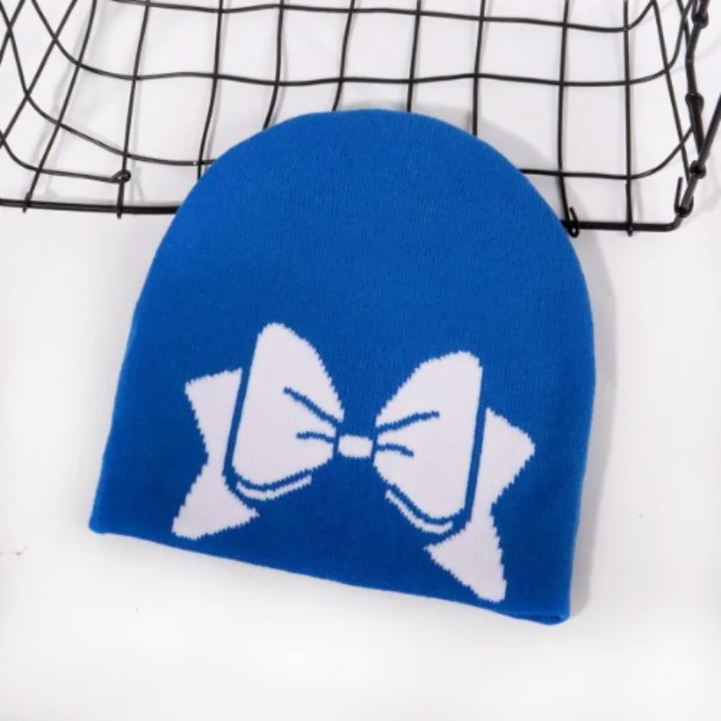 Bow Knit Hat Acrylic Jacquard Pattern Hooded Hat Outdoor Sports Brimless Hat Warm Hip-hop Pullover Hat Fashionable Autumn Winter