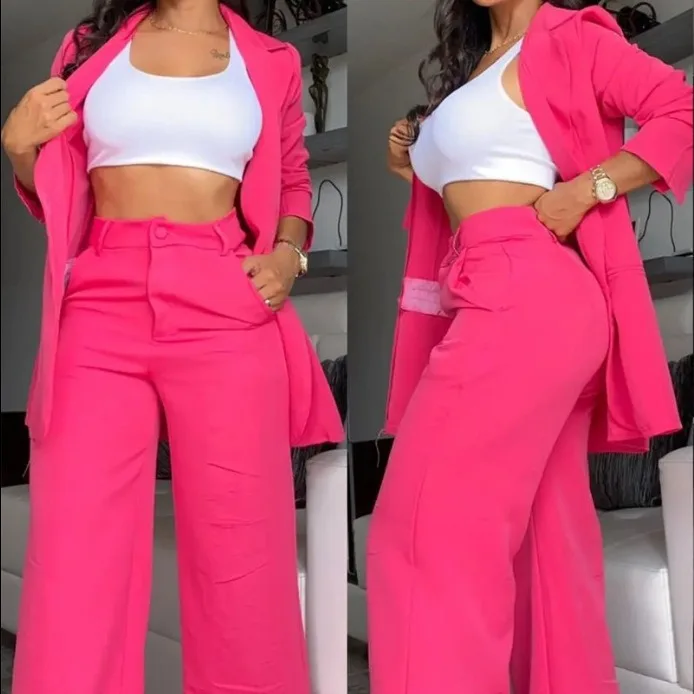 Conjunto de chaqueta elegante para mujer, abrigo con cuello con muescas y pantalones de diseño de bolsillo, traje de trabajo de dos piezas, moda de