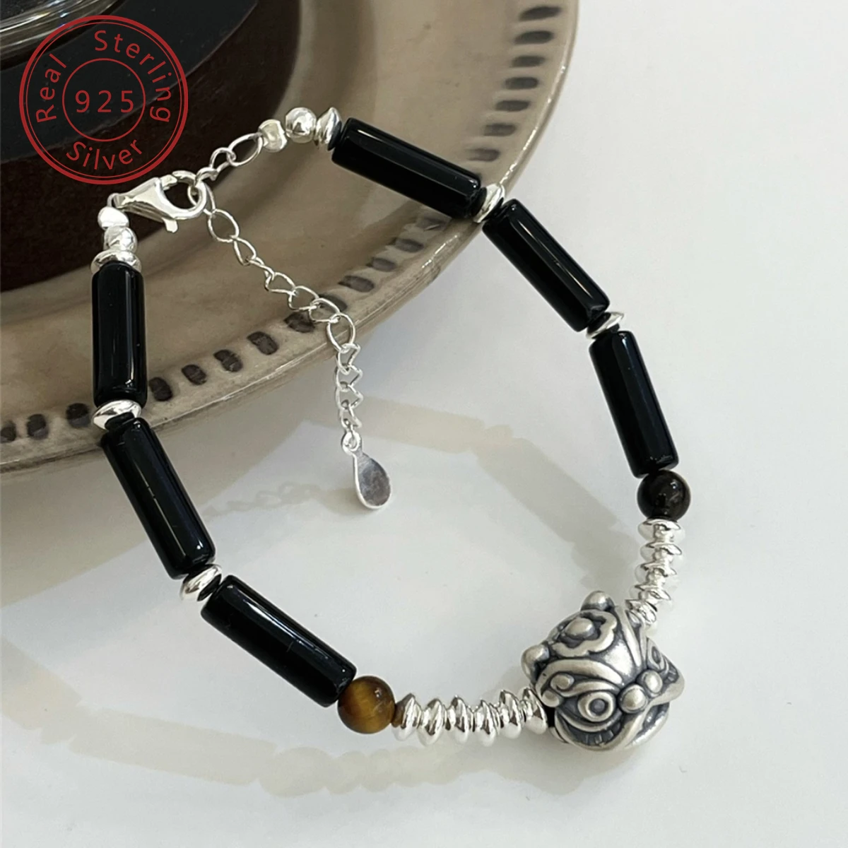 925 perak Awakening Lion kalung batu akik hitam Set gelang, baru gaya Cina, menarik kekayaan warding off jahat