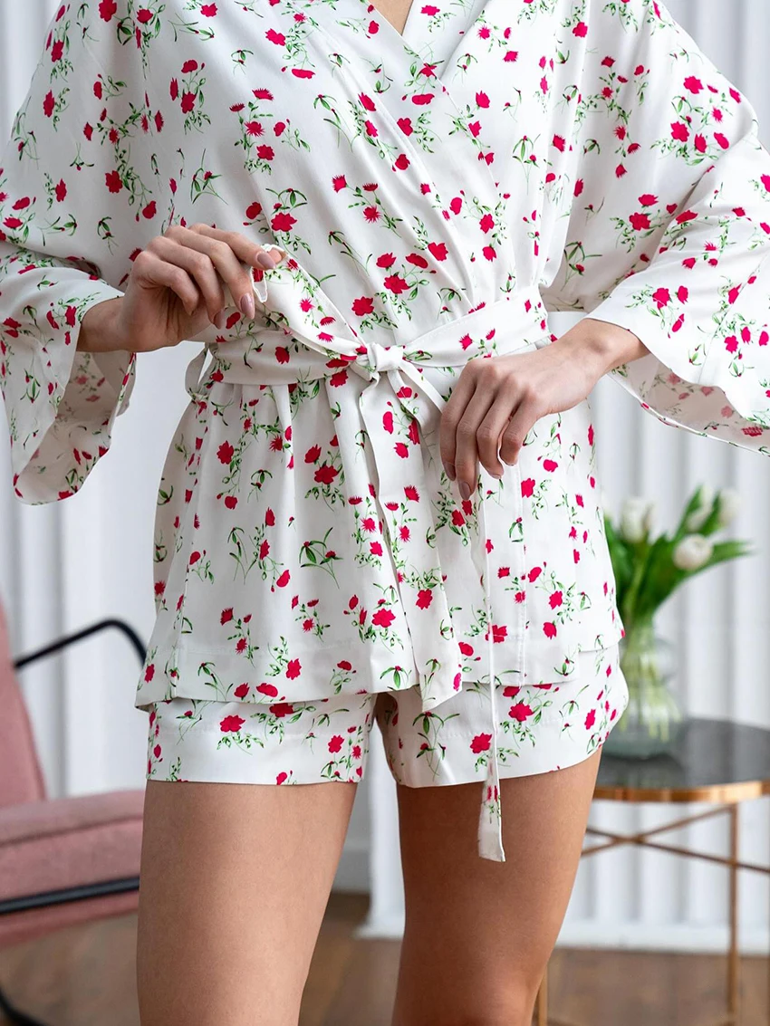 Marthaqiqi Home Clothes Ladies V-Neck Pajama Long Sleeve Nightie Lace Up Sleepwear Shorts Printing Female Nightwear 2 Piece Suit