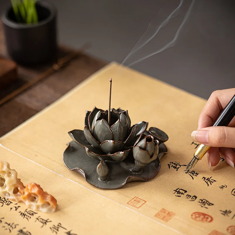 

1pcs Handmade Lotus Incense Burner Ceramic Retro Home Decor Aromatic Holder for Sticks Safe Material Portable Compact