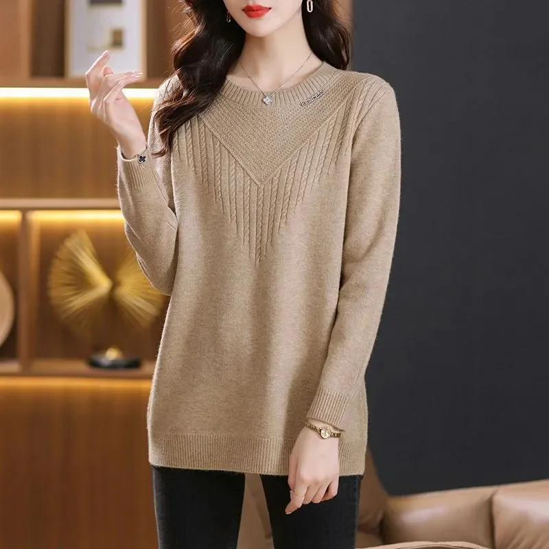 عالية الجودة سترة المرأة خريف شتاء 2025 معطف جديد الياقة المستديرة تريكو سيدة طويلة قاع قميص فضفاض سترة بلايز السيدات