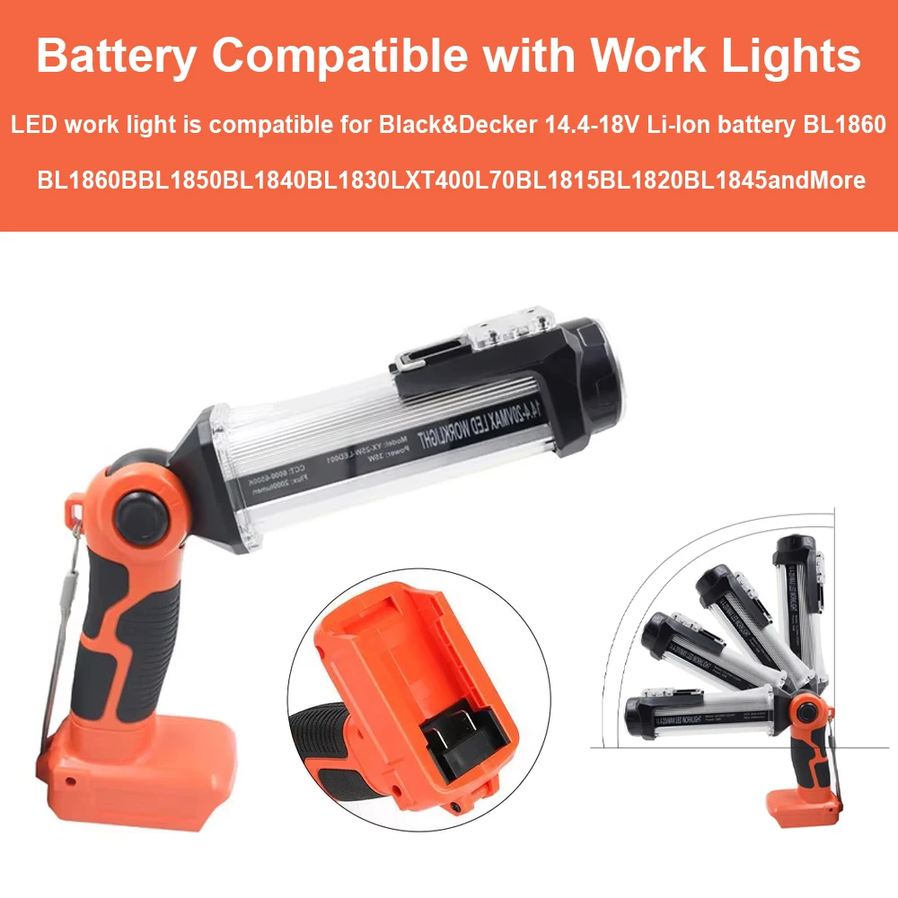 

Светодиодный рабочий фонарь для Black Decker, литий-ионный аккумулятор 18 В, уличный фонарик, портативные фонари для кемпинга с крючком для ремонта автомобиля