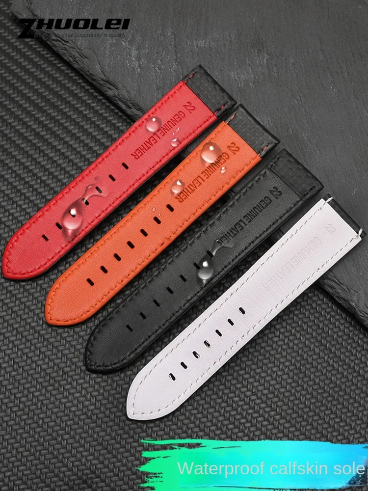 Orange White red line Stitching carbon Fiber mens black genuine leather watchband For any brand watch strap 20mm 21mm 22mm 23mm