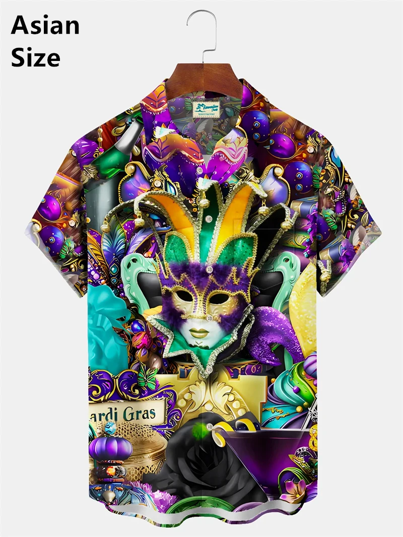 Mardi Gras Man Shirts Festive Mask Graphic Button Up Shirts Casual New Unisex Shirt Vacation Lapel Short Sleeves Carnival Tops