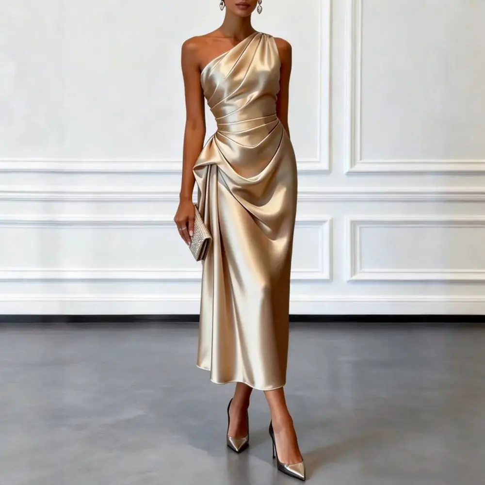 Sophisticated Satin Evening Dress Women One Shoulder Pleated Slim Waist Long Formal Gown For Prom Party Event Wear view 4