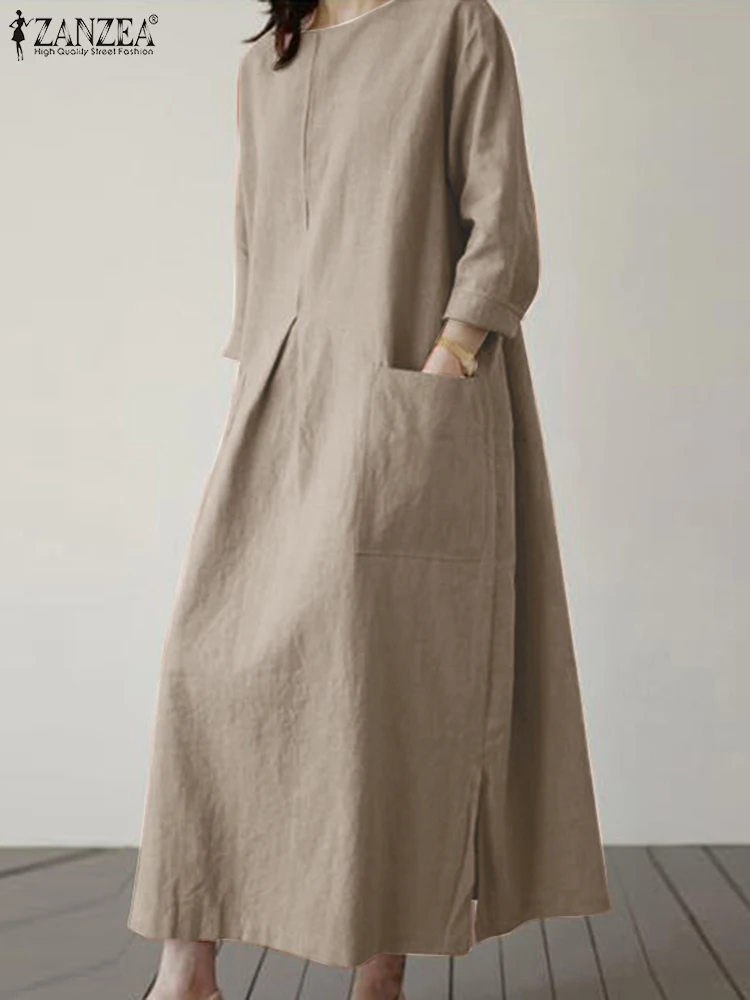 ZANZEA primavera abito da donna oversize 3/4 maniche tinta unita abiti Casual moda vacanza prendisole tasca abiti caftano