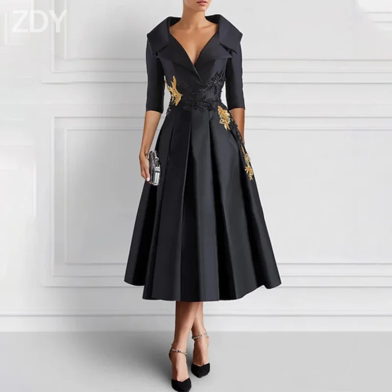 

Customized Elegant Midi Mother of the Bride Dresses Satin V-Neck Tea-Length A-Line Evening Gala Wedding Guest Groom Dress 2026