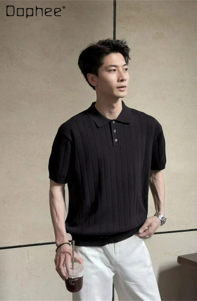 2026 Summer Men's Light Luxury Fashion Polo Shirts Suit Knitted Short Sleeve T-shirt Loose Casual Trousers Two-piece Set for Men view 4