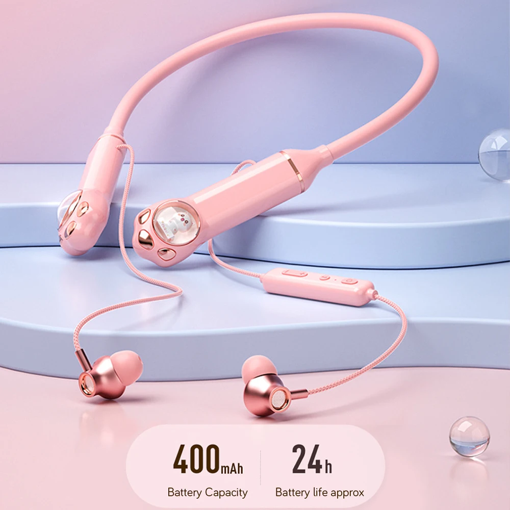 Cute Girls Bluetooth Headphones Led Light HiFi Sport Bluetooth Neckband Headset Earphones Handsfree With Mic Waterproof Earbud